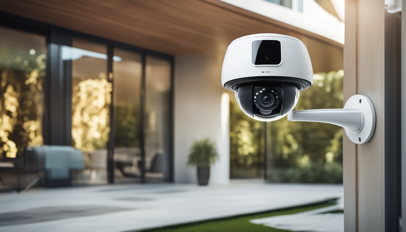 A futuristic home security system with sleek cameras and sensors integrated seamlessly into the architecture, providing 24/7 protection