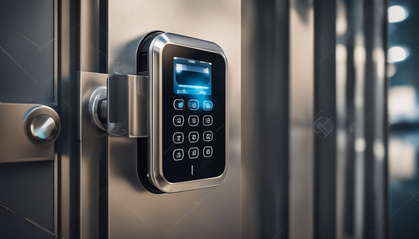 A close-up of a high-tech lock with digital keypad and fingerprint scanner, surrounded by reinforced metal frame and security cameras