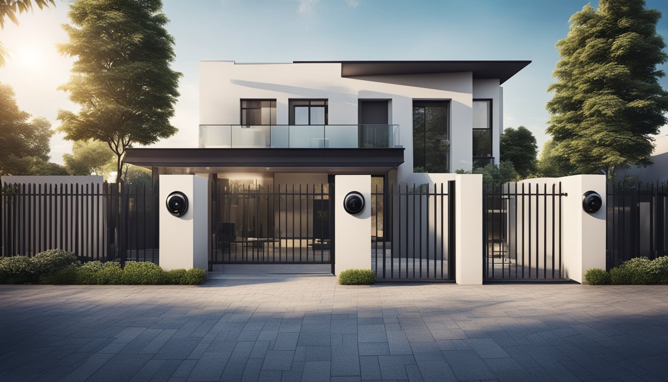 A modern house with high-tech locks on doors and windows, surrounded by a fence and security cameras