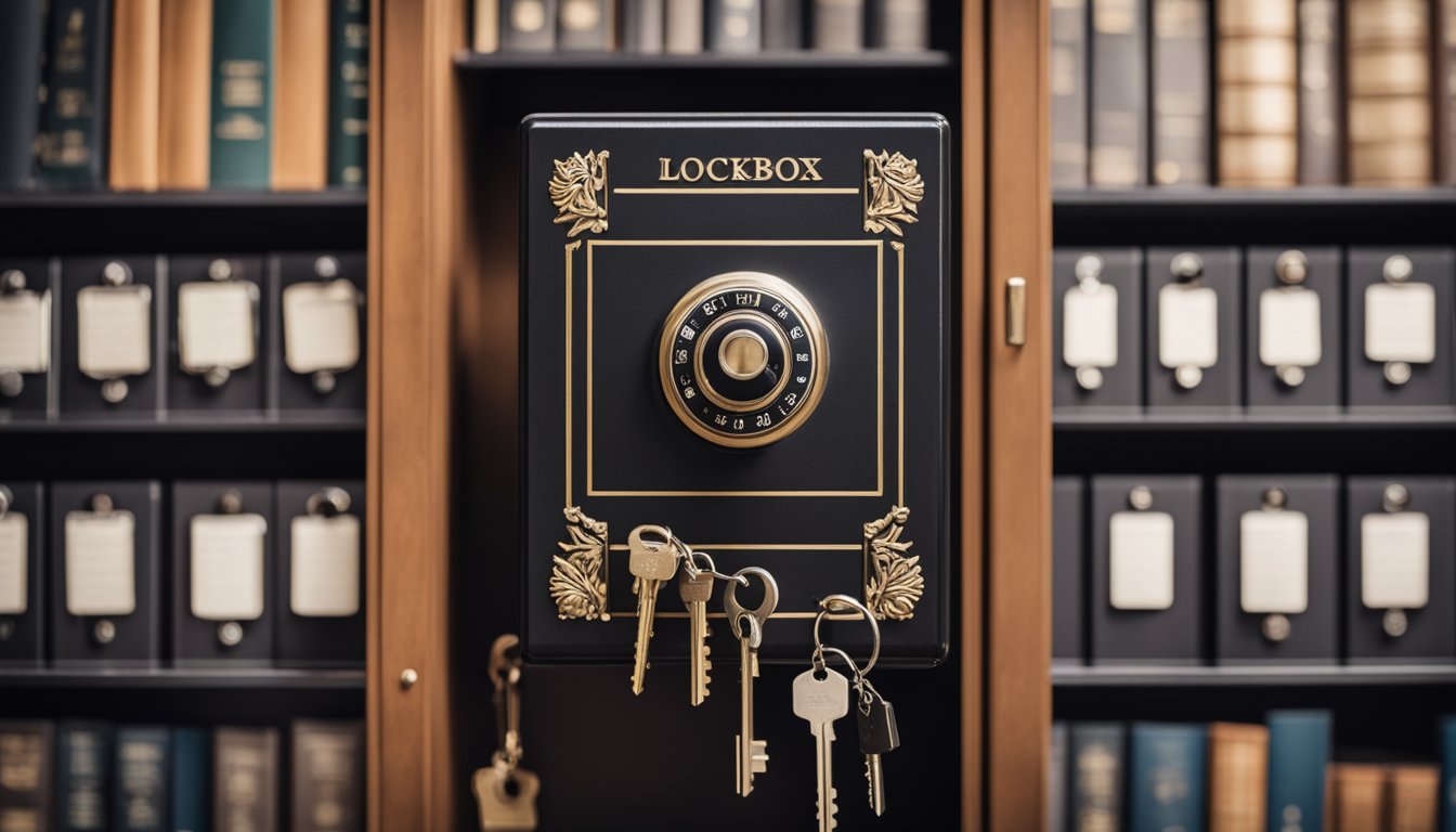 A sturdy lockbox mounted on a wall, with a set of keys safely stored inside. Nearby, a hidden compartment in a bookshelf holds additional keys