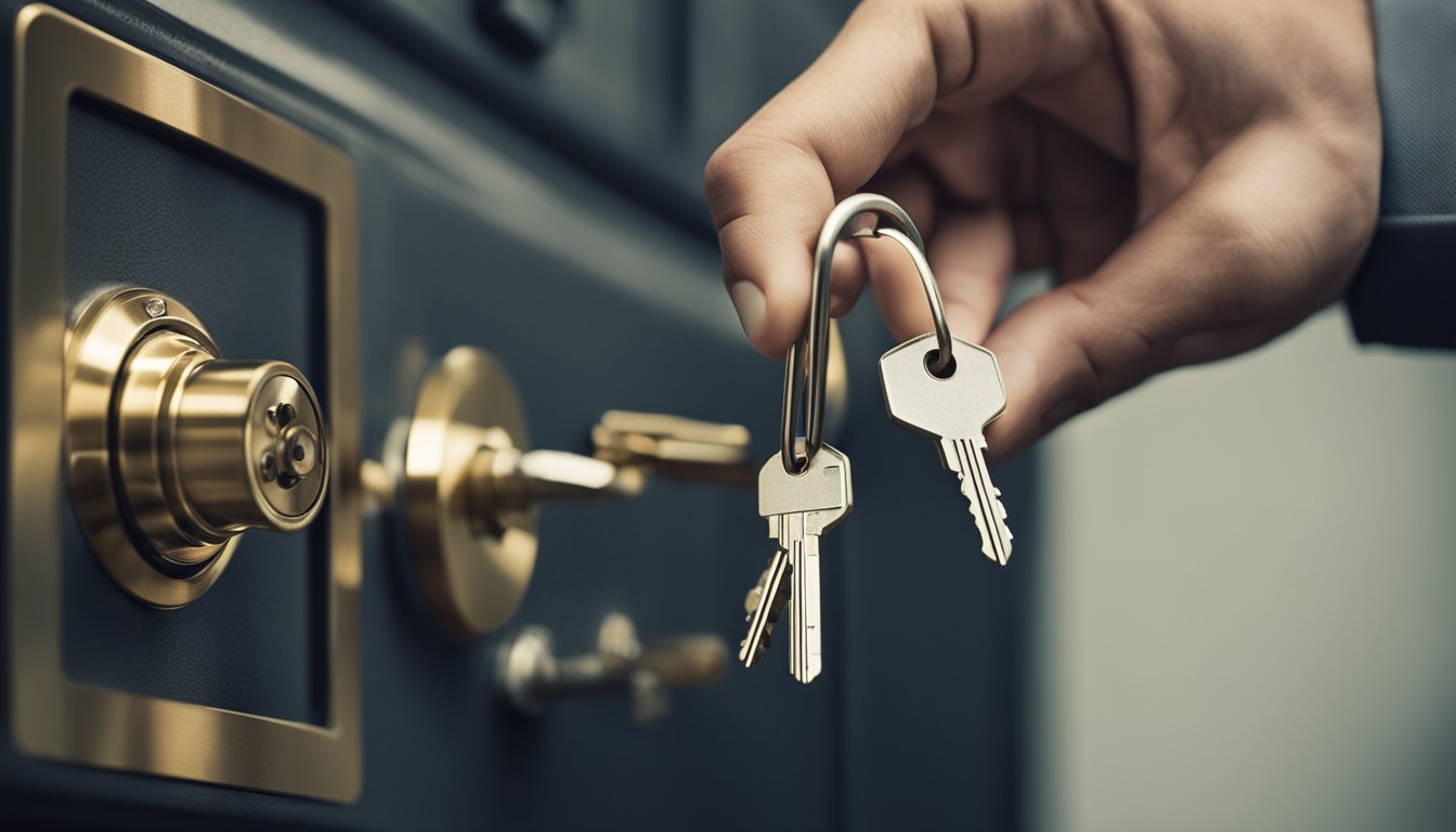 A hand reaches for a key safe on a wall, while another hand holds a set of keys. The key safe is being installed securely onto the wall