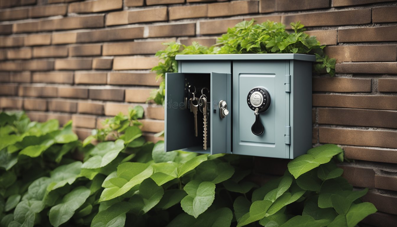 A secure key storage box mounted on a wall near the front door, with a weatherproof cover and a sturdy lock, surrounded by foliage for added concealment