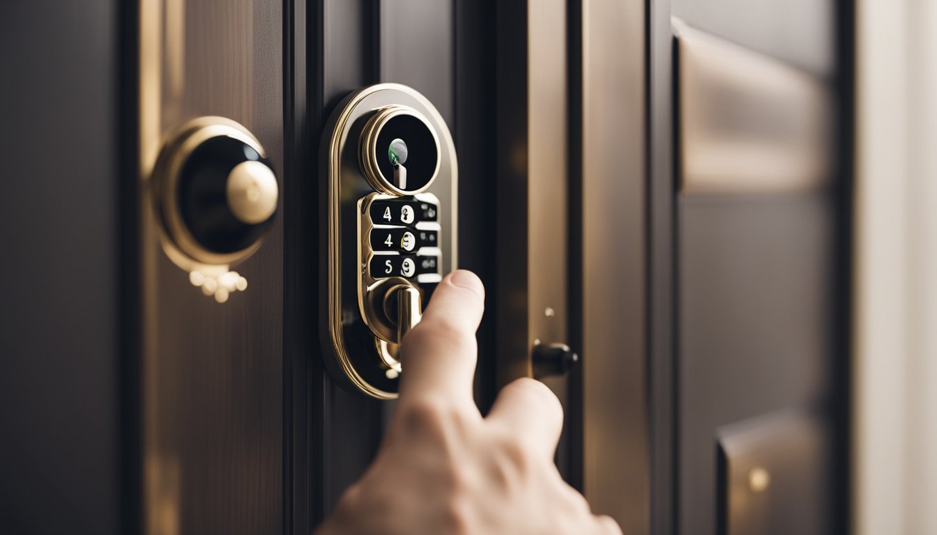 A hand reaches out to test various lock styles on a front door