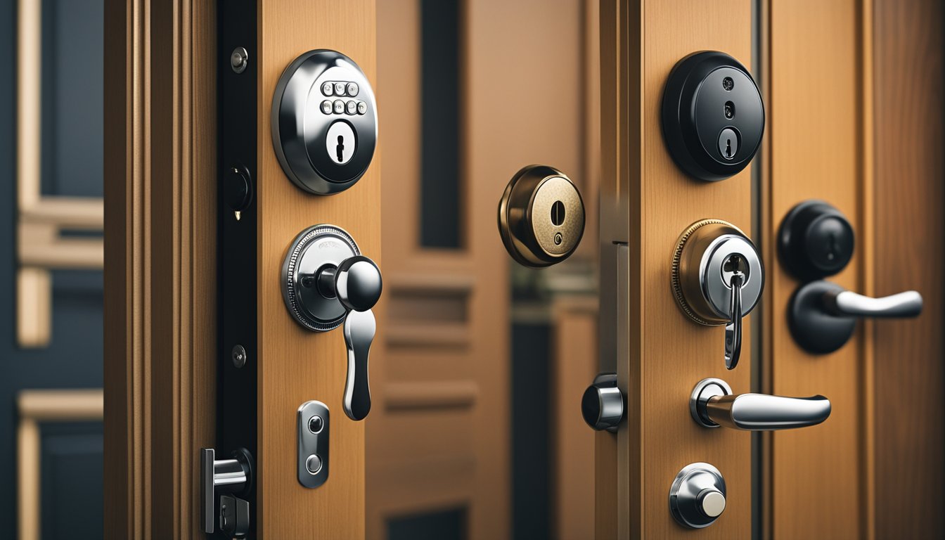 A variety of lock styles displayed on a door, with options such as deadbolts, keyless entry, and smart locks