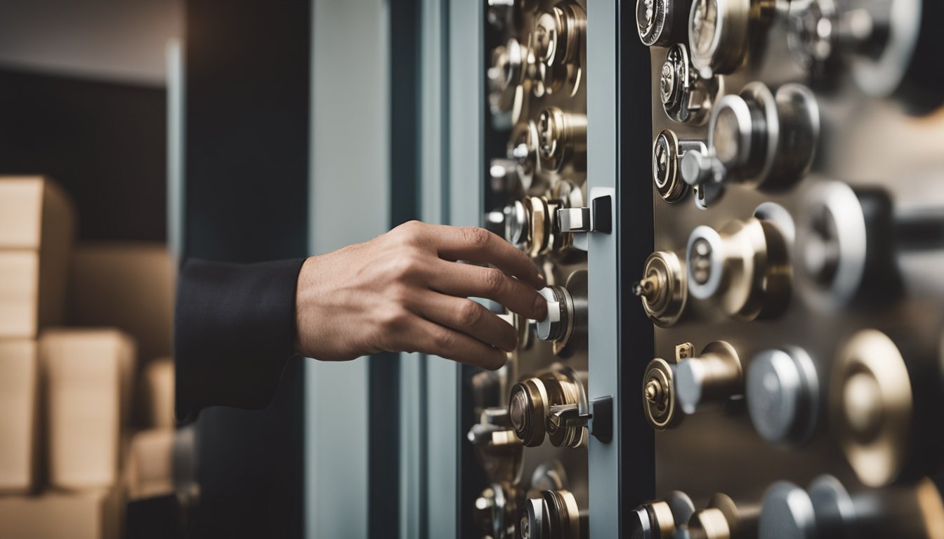 A homeowner browsing through various lock styles, surrounded by different options and reading a list of frequently asked questions