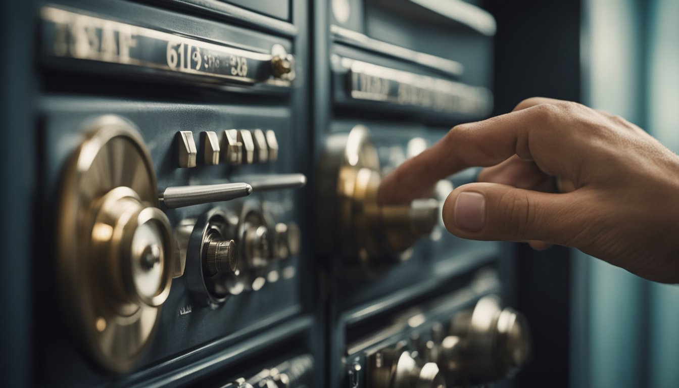 A hand reaches for a forgotten safe's dial. The dial is turned left three times, then right twice, and finally left to the correct number. The safe clicks open