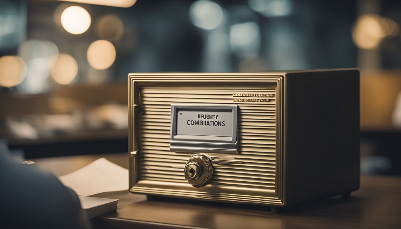 A safe sits on a table. A person holds a paper with "Frequently Asked Questions Steps To Resetting A Forgotten Safe Combination" written on it, while looking at the safe