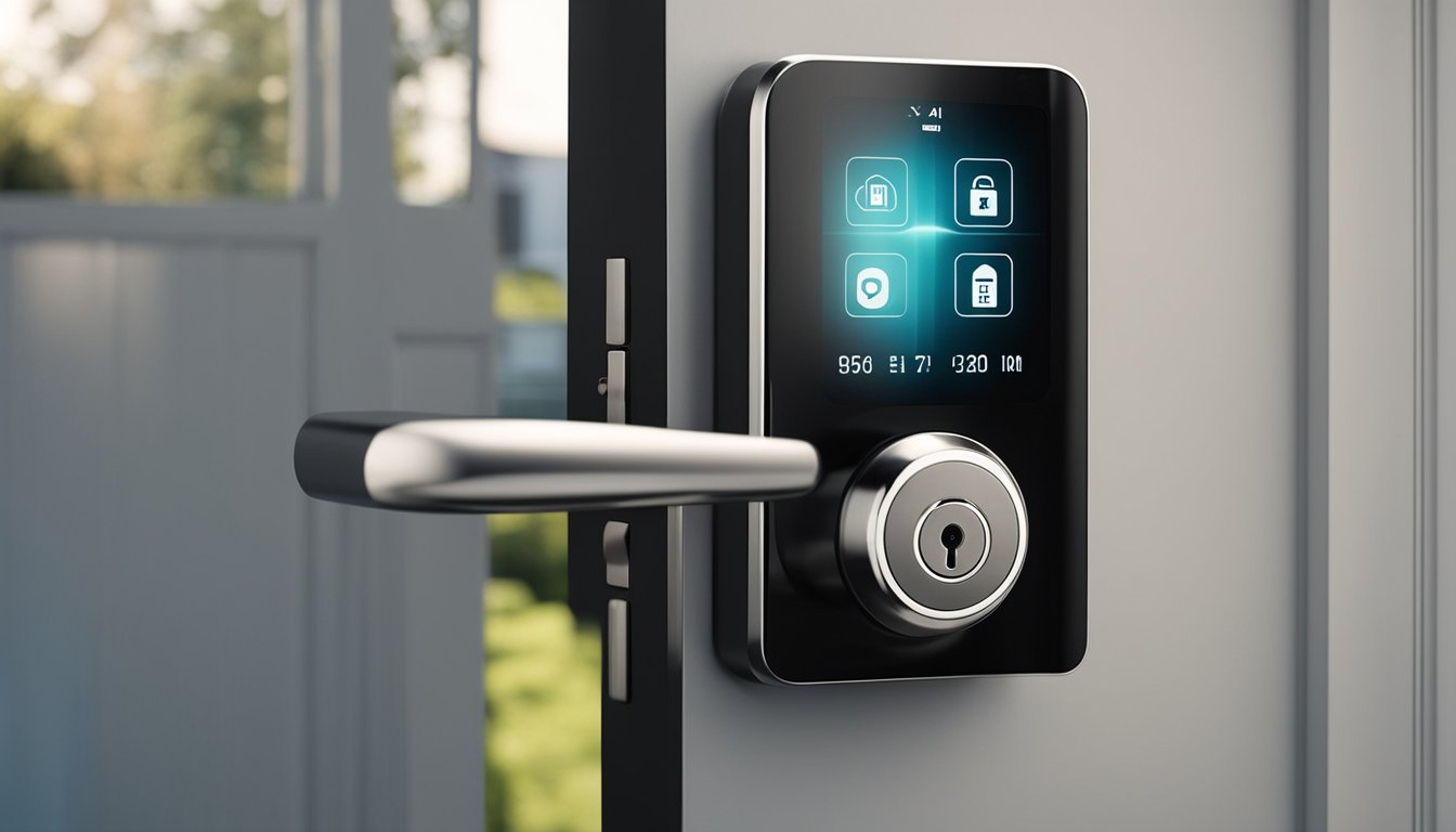 A smart lock on a modern front door, with a sleek, futuristic design. A smartphone or key fob is used to unlock the door, showcasing advanced security technology