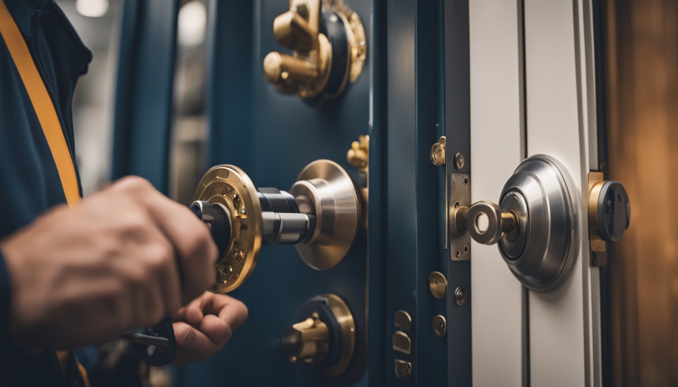 A locksmith demonstrating lock drilling prevention techniques on a sturdy door with reinforced locks and security measures in place