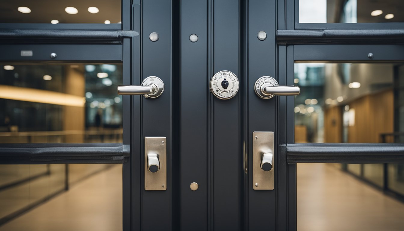 A locked door with a sturdy lock and a drill approaching but being deterred by security measures