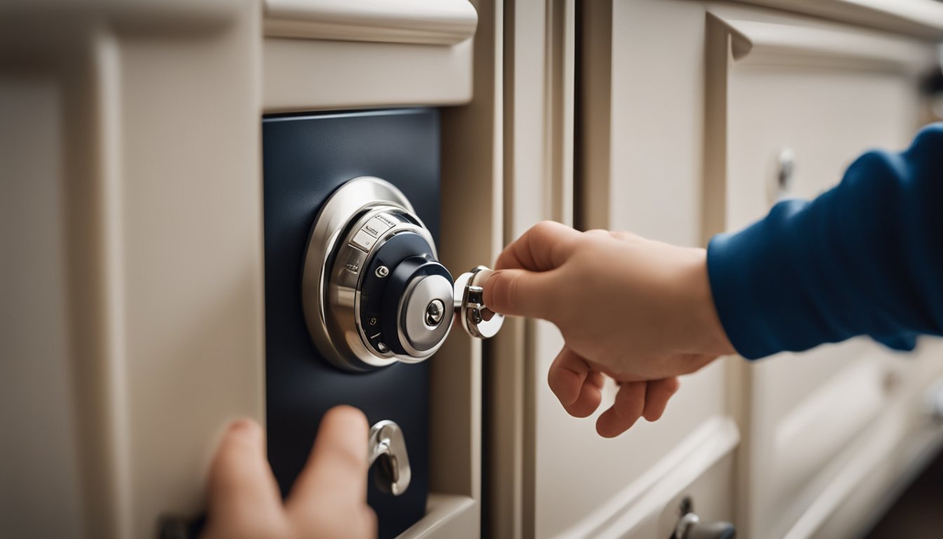 A child-safe lock is being installed on a cabinet door, preventing it from being opened by a small child