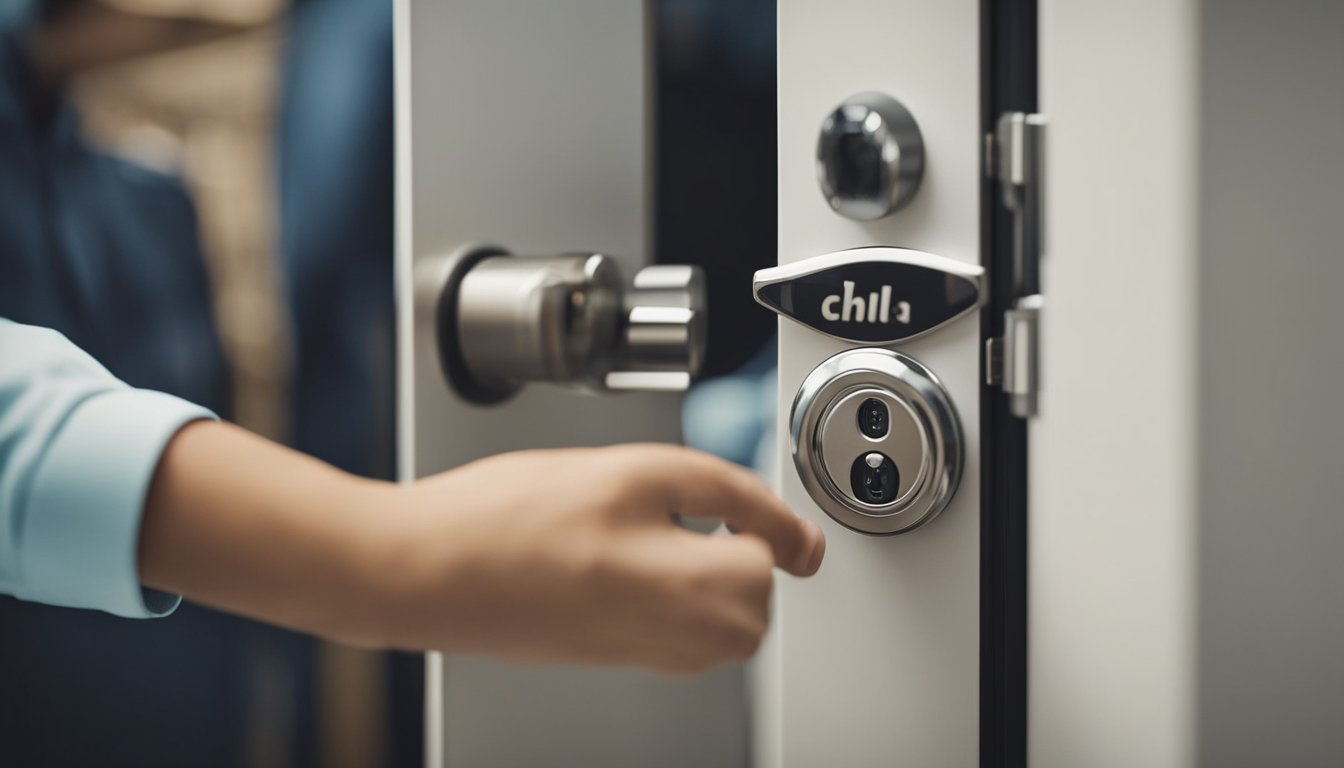 A child-safe lock is being installed on a cabinet. The lock is being fastened securely, ensuring the safety of the home