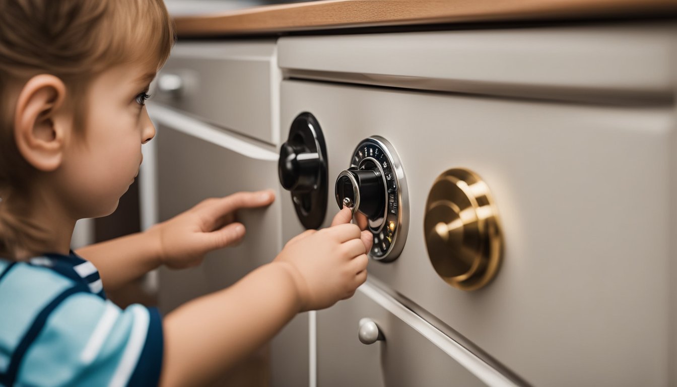 Child-safe locks installed on cabinets and drawers. Parent demonstrating how to secure them. Child watching attentively. Safety pamphlet nearby