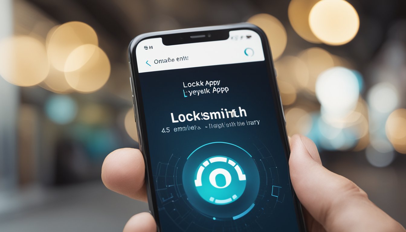 A smartphone displaying a locksmith app with a sleek interface, keyless entry options, and a security camera integration