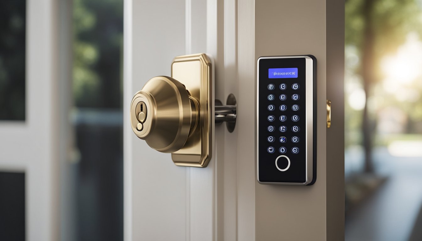 A keyless door lock is being installed on a front door, with a keypad and a sleek, modern design. The lock is being programmed with a unique code for access