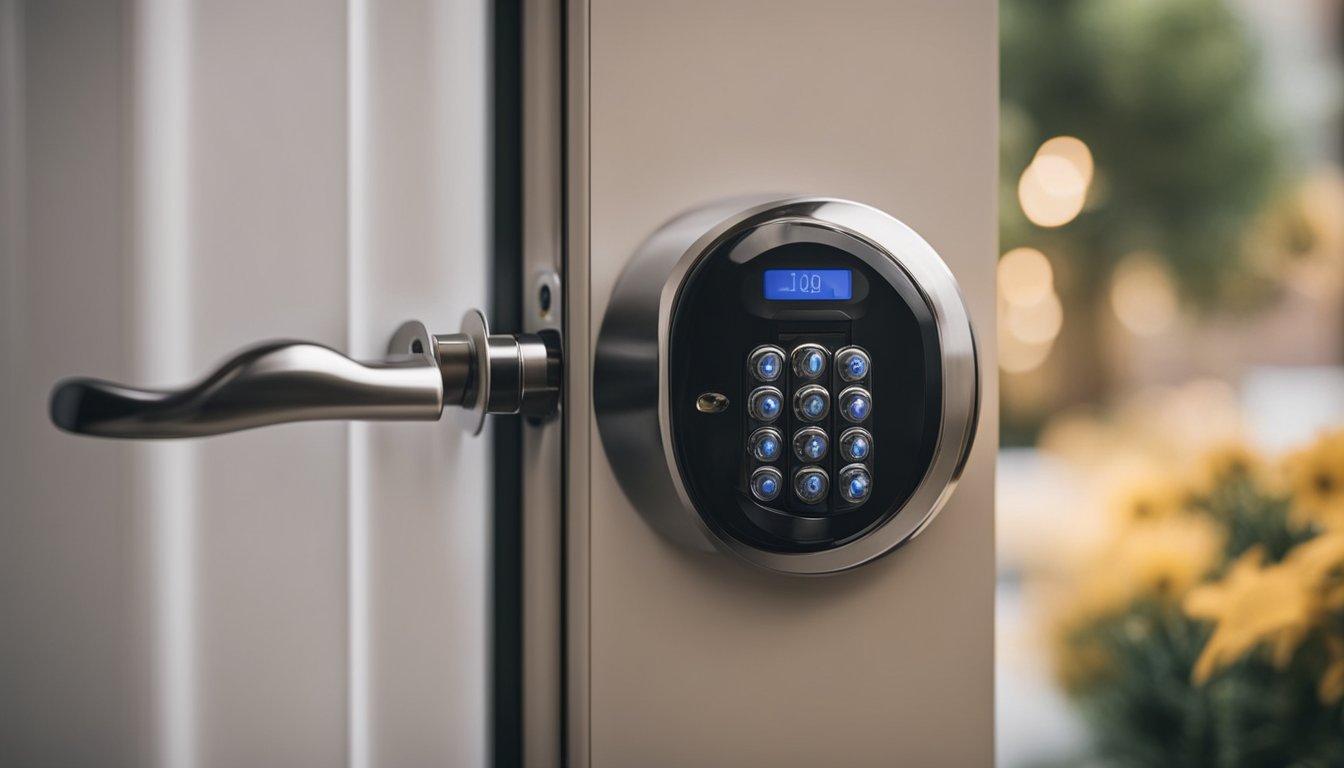 A keyless door lock being installed on a door, with maintenance tools nearby and a list of best practices for improving security