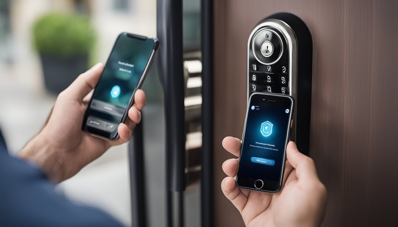 A keyless door lock being installed on a front door, with a person using a smartphone to control the lock remotely