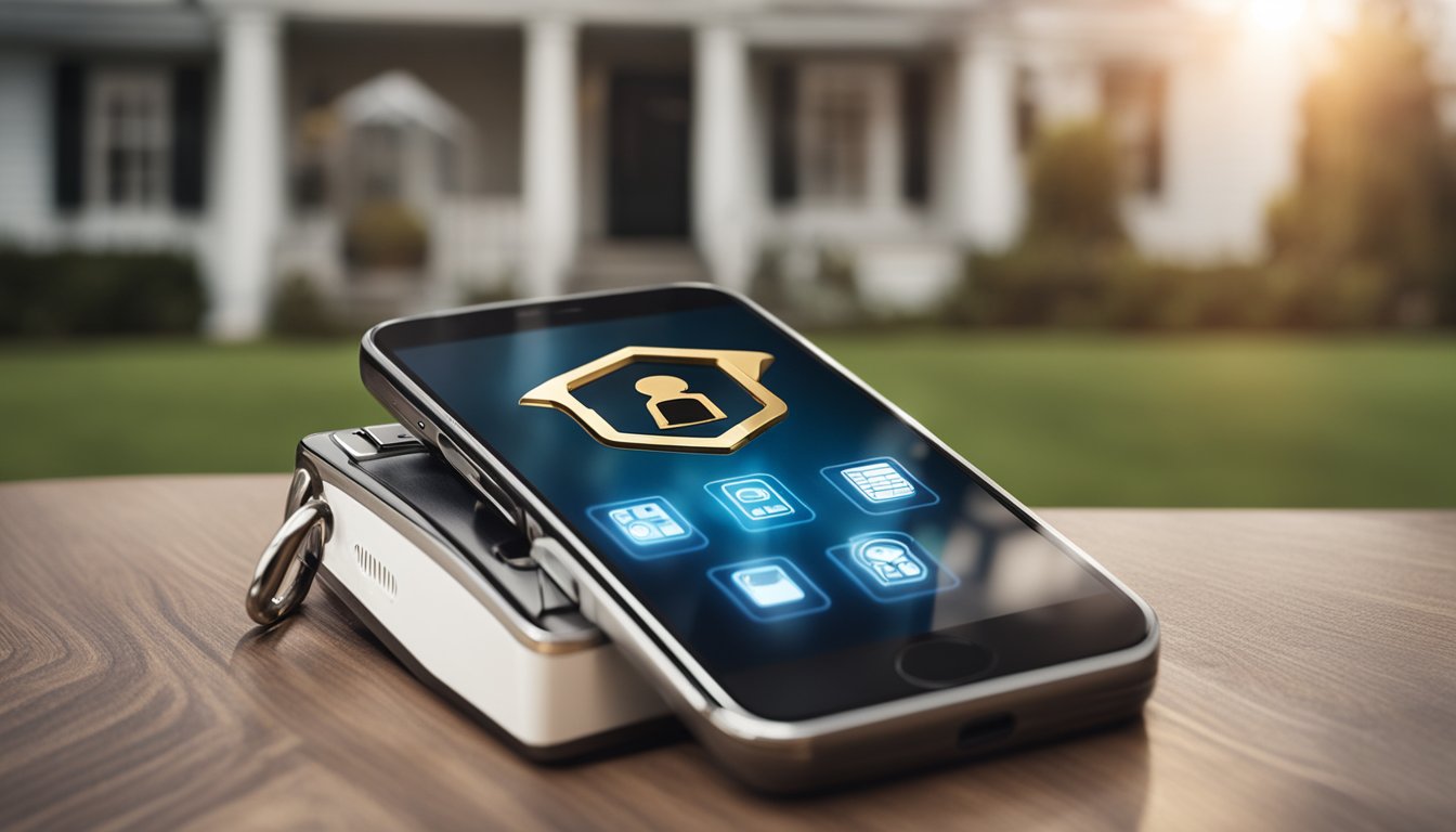 A smartphone displaying top locksmith apps with a lock icon and security features. A house in the background symbolizes enhanced home security