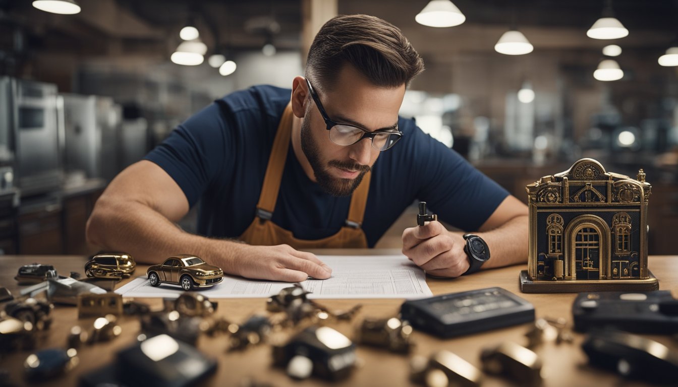 A locksmith pondering insurance options, surrounded by various lock and key designs, while reading through a list of frequently asked questions