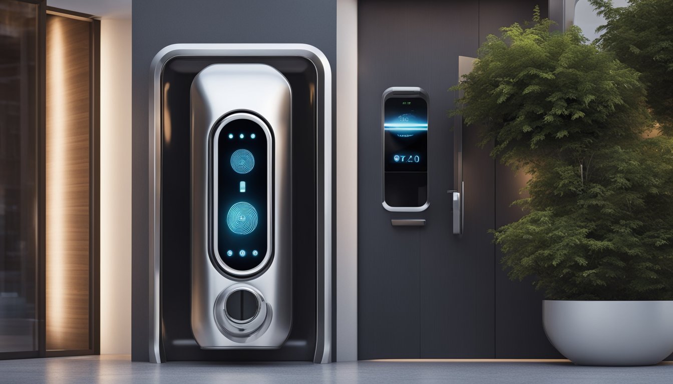 A futuristic home entrance with a biometric lock system, featuring a sleek and modern design with a digital keypad and fingerprint scanner