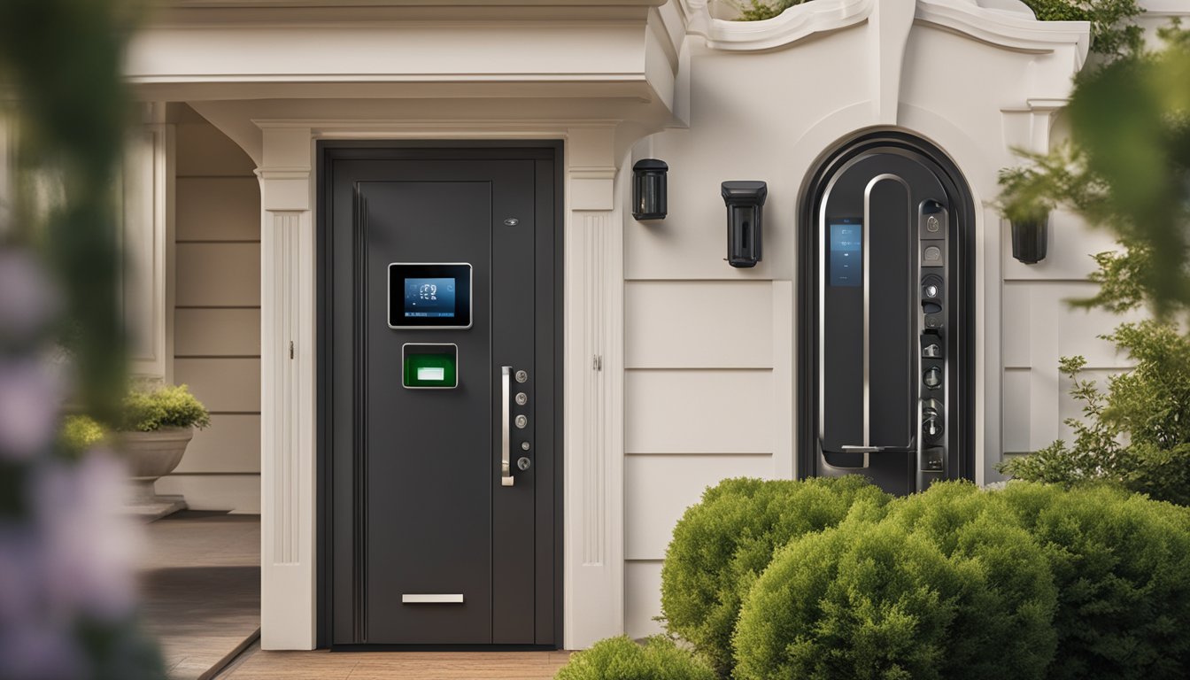 A front door with a biometric lock system installed, with a keypad and fingerprint scanner, surrounded by a well-maintained exterior and landscaping