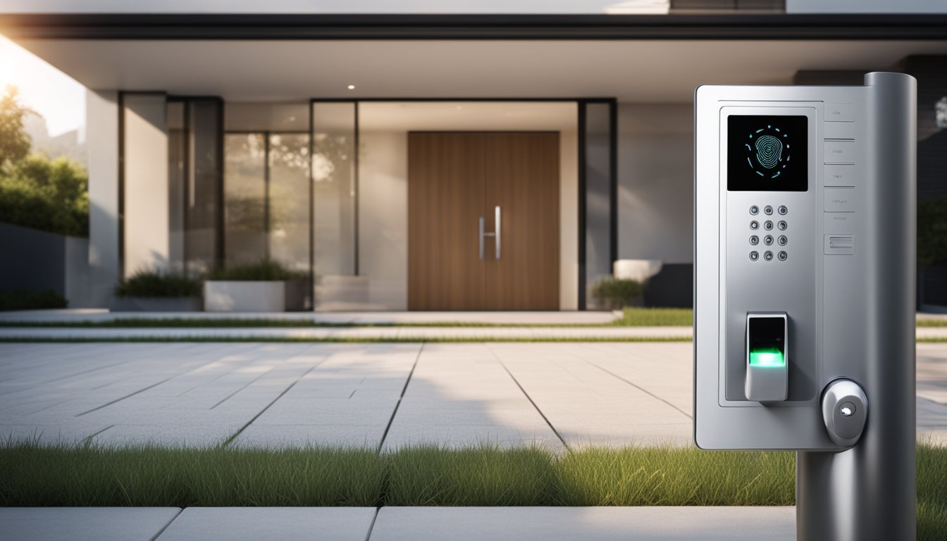 A modern home with a front door featuring a sleek biometric lock system, with a keypad and fingerprint scanner for secure entry