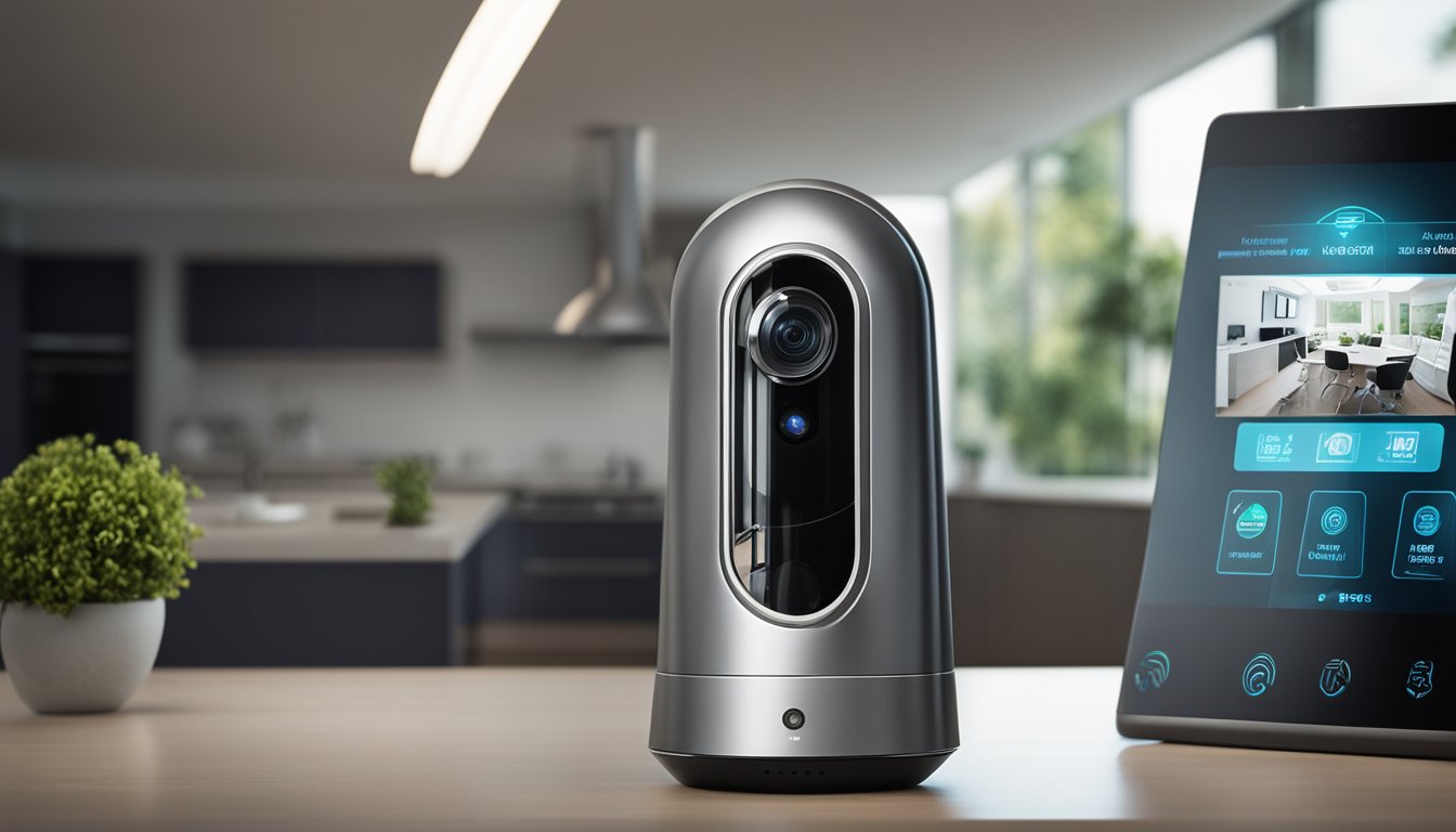 A futuristic home security system with sleek, modern design, advanced biometric authentication, and AI-powered surveillance cameras. The system integrates seamlessly with smart home technology for ultimate convenience and protection