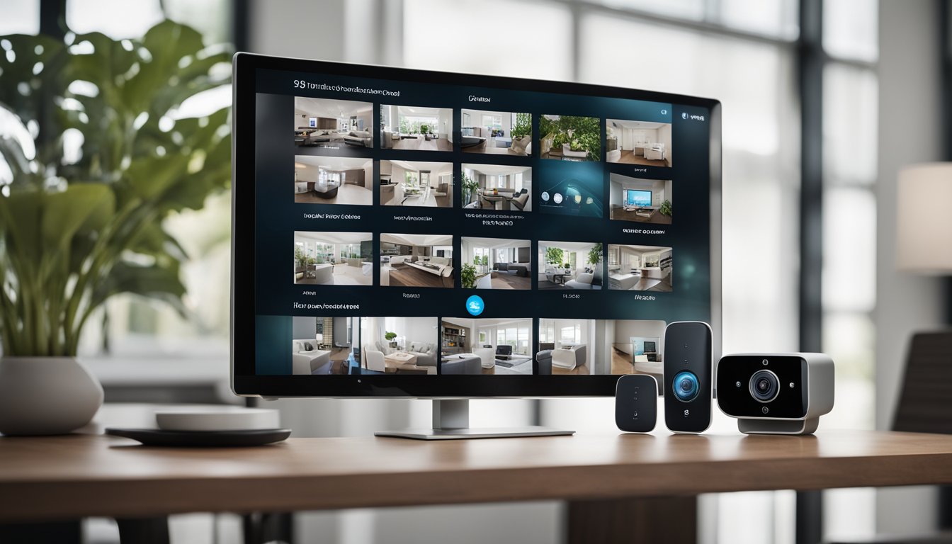 A sleek, modern home security system with advanced features, including facial recognition, motion sensors, and remote access. The system seamlessly integrates with smart home devices for a seamless user experience