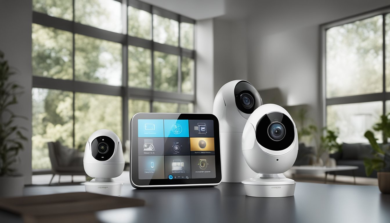 A futuristic home security system with advanced features, including facial recognition, biometric access, and AI-powered surveillance cameras. The sleek, modern design of the devices reflects cutting-edge technology