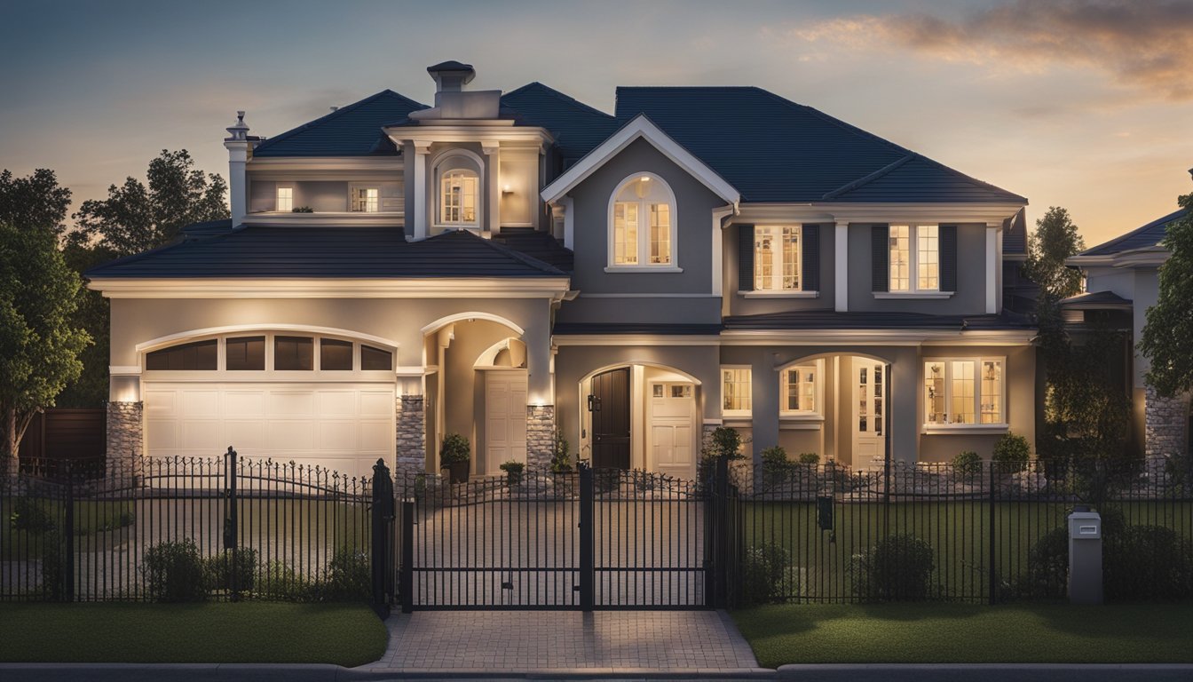 A house surrounded by various security measures like cameras, motion sensor lights, smart locks, and a sturdy fence