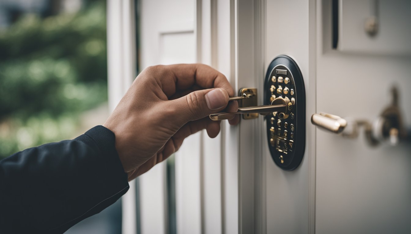 A locksmith installing anti-bump pins in a door lock