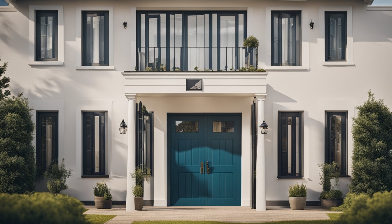 A house with reinforced doors and windows, security cameras, motion sensor lights, and a barking dog