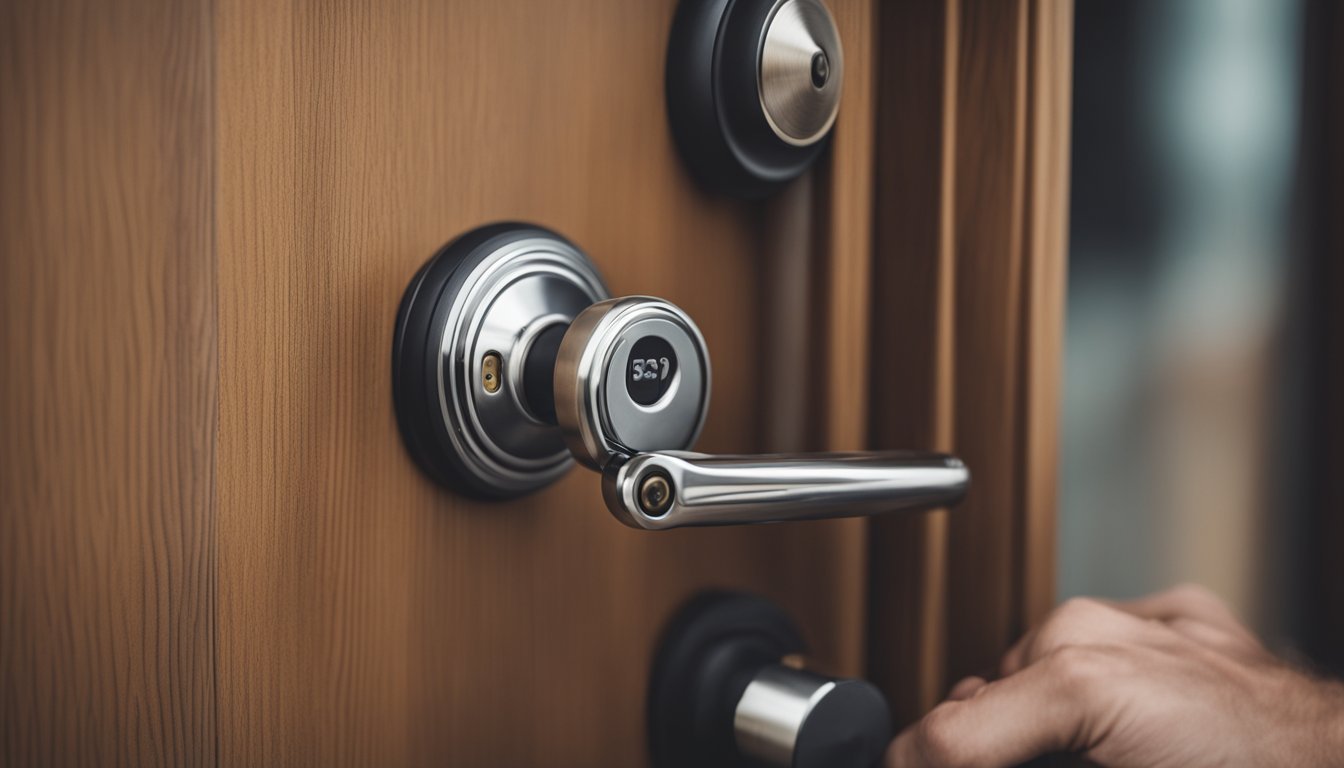 A locksmith installing anti-bumping devices on a door