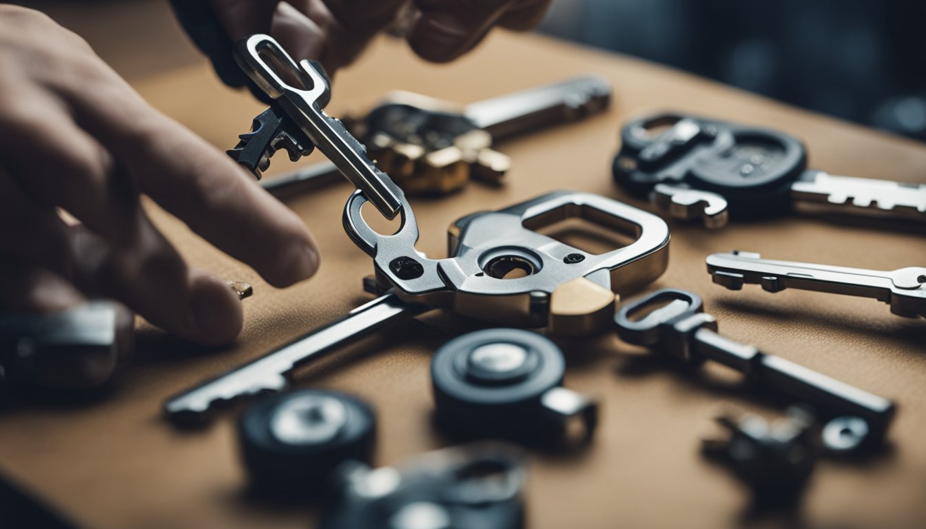 A locksmith creating a unique and complex key design with specialized tools and equipment to prevent key cloning