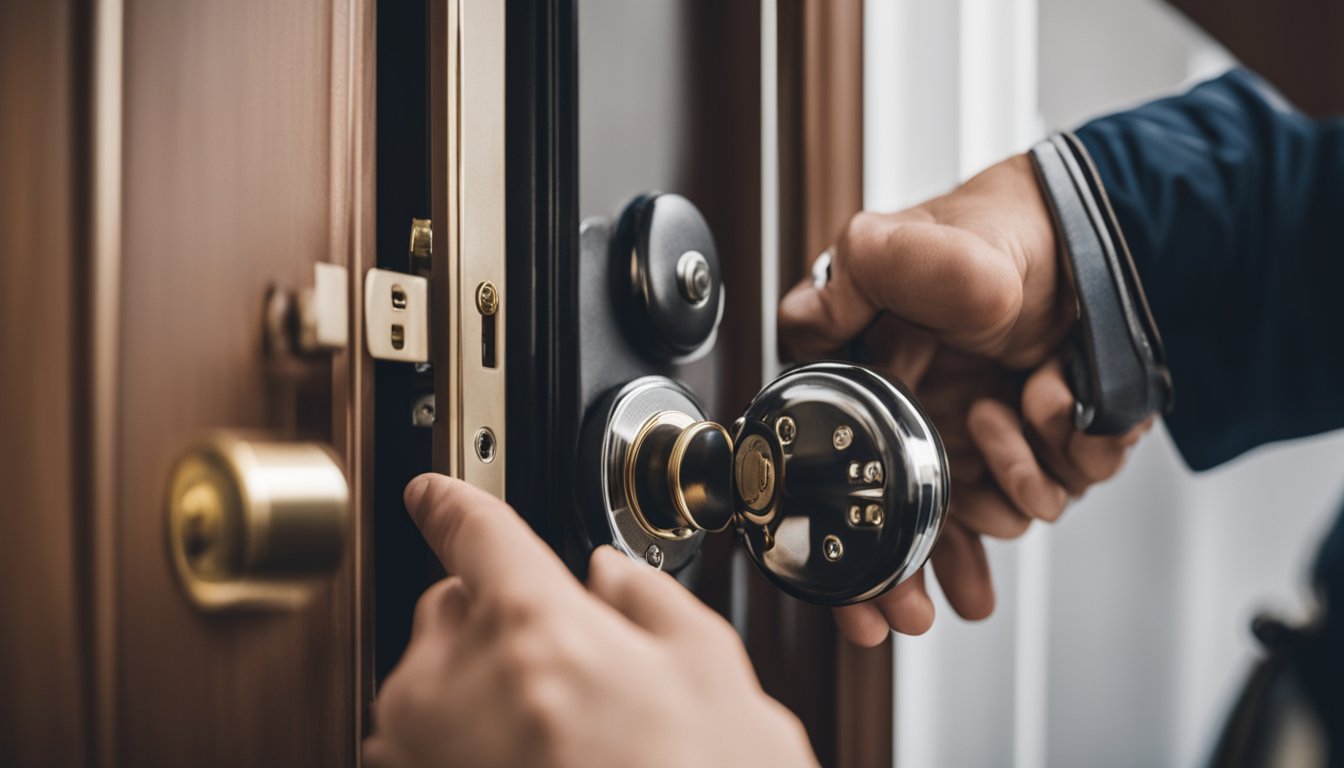 A locksmith installing a high-security lock on a door, while a person watches