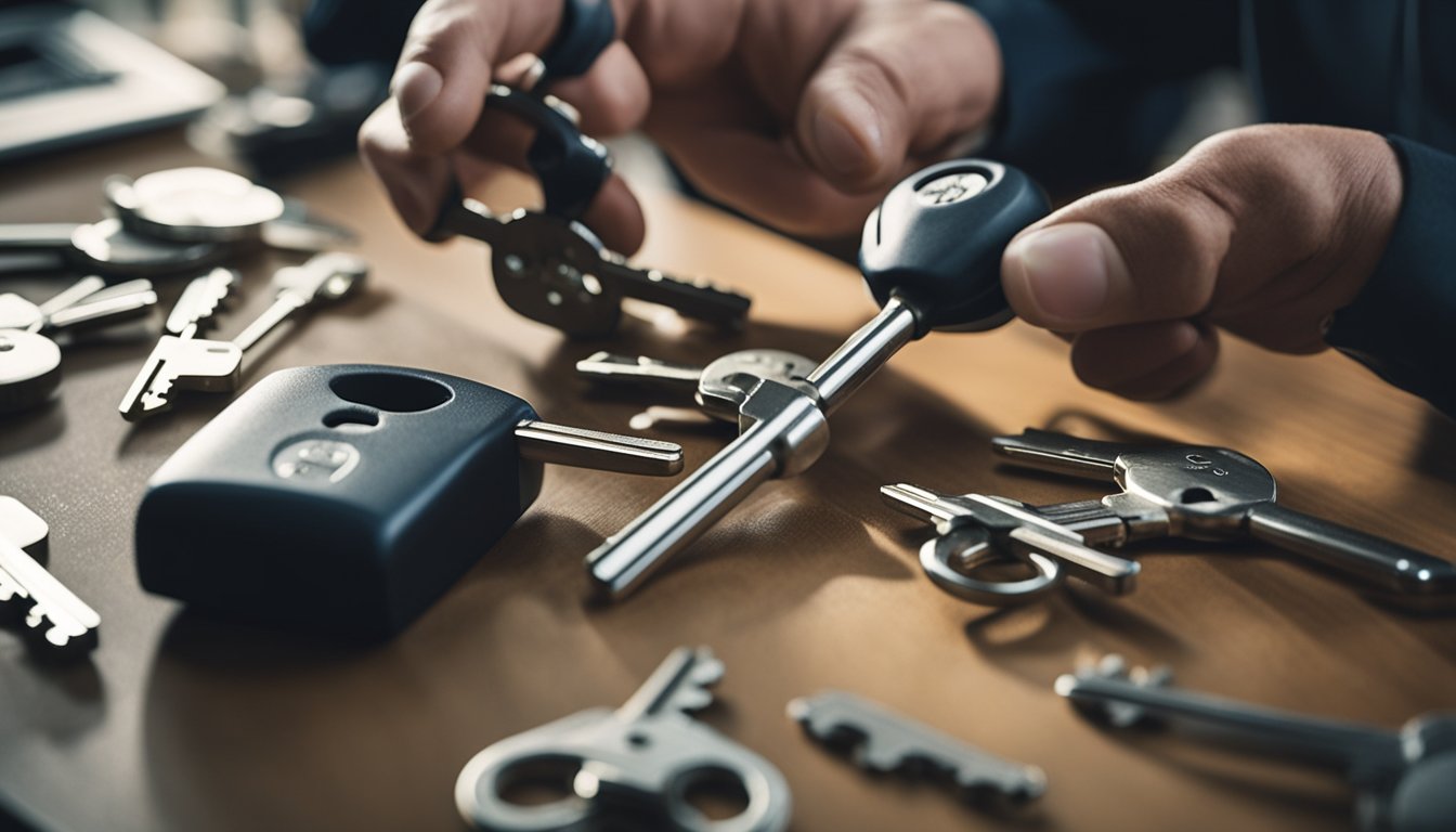 A locksmith creating duplicate keys while a security expert demonstrates key cloning prevention methods