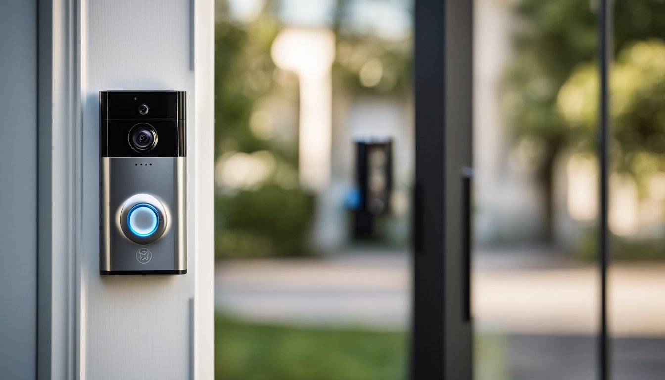 A smart doorbell mounted on a modern front door, with a camera lens and motion sensor, connected to a smartphone app for remote monitoring