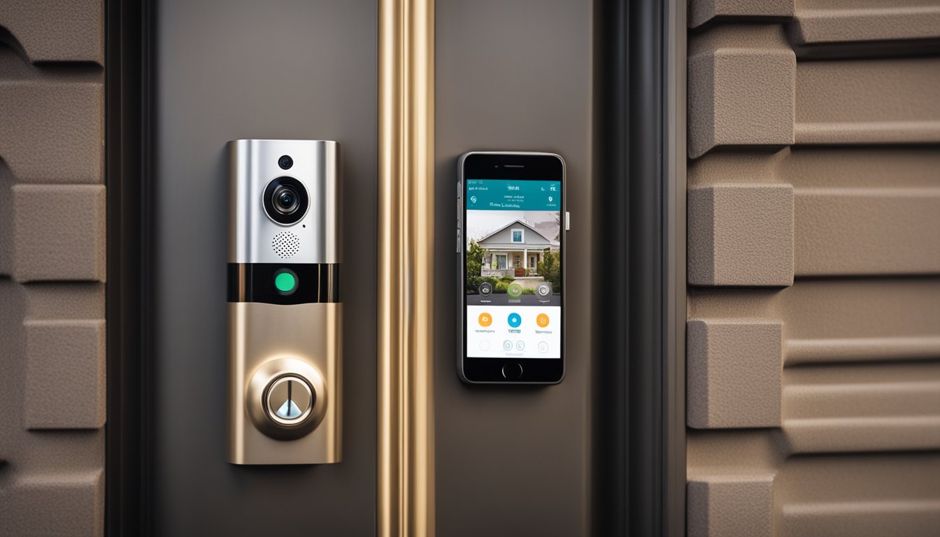 A smart doorbell mounted on a front door, with a camera lens and motion sensor, connected to a smartphone app for remote monitoring and control