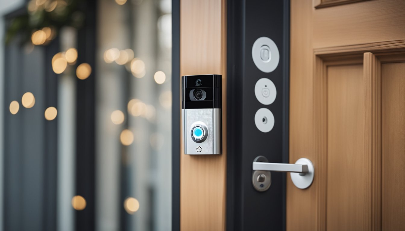 A smart doorbell mounted on a front door, with a camera lens and motion sensor, connected to a smartphone app