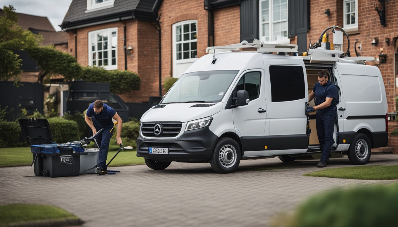 A locksmith van parked outside a residential home, with tools and equipment being unloaded by a technician