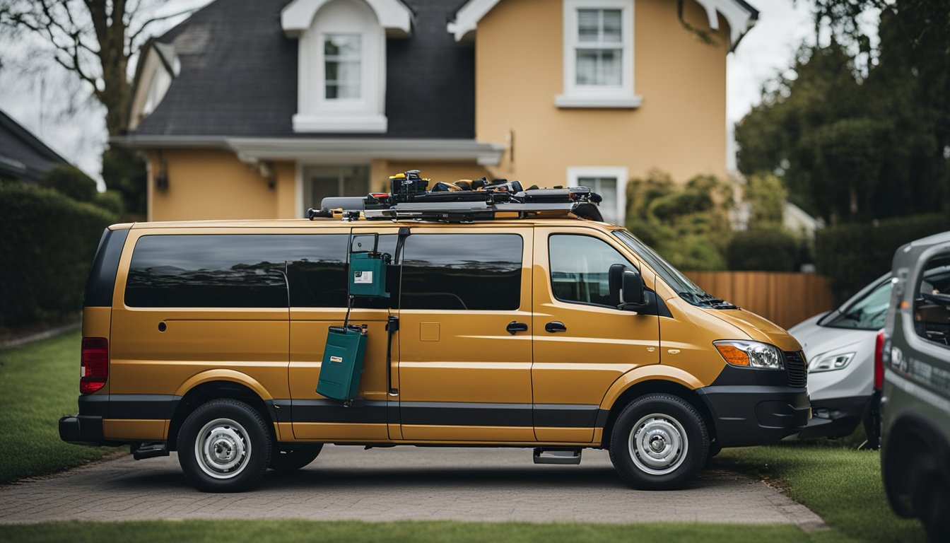 A locksmith's van parked outside a residential home, with tools and equipment spilling out of the open back doors