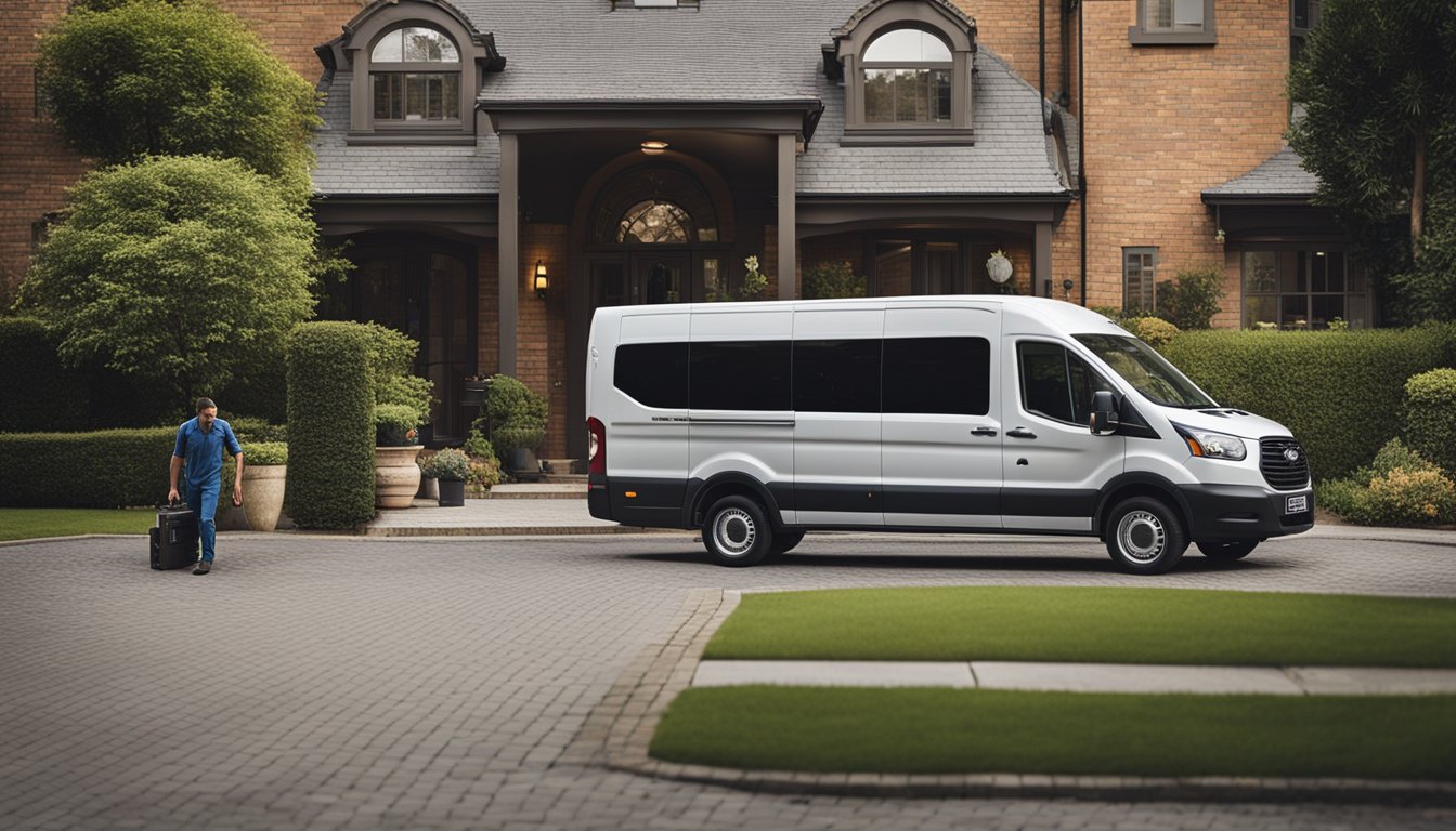 A locksmith van parked outside a residential home, with tools and equipment being unloaded by a technician