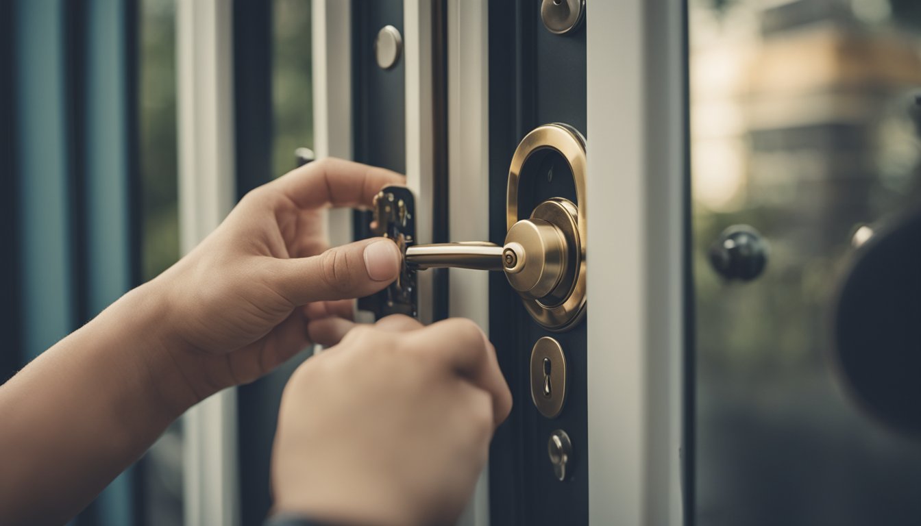 A hand reaching for a door lock with a child safety cover attached, while a key is being used to secure a window lock