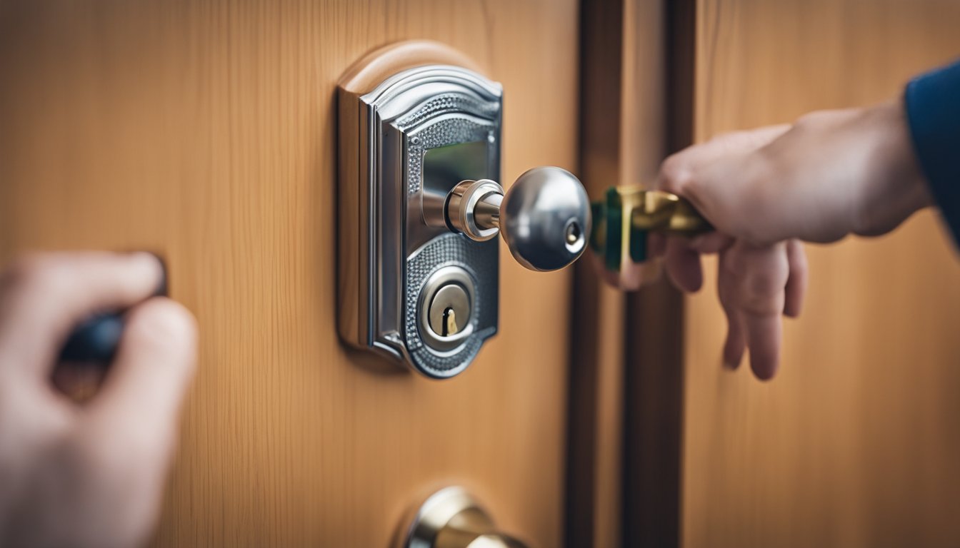 A childproof lock being installed on a cabinet door, with a parent watching nearby