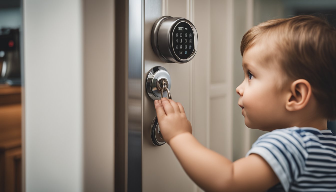 A childproof lock being installed on a cabinet door, with a curious toddler watching from a safe distance