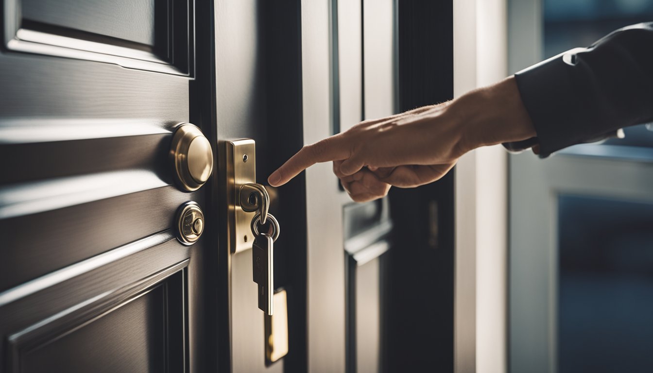 A hand reaching for a sleek, modern lock on a front door, surrounded by a secure and well-lit entryway