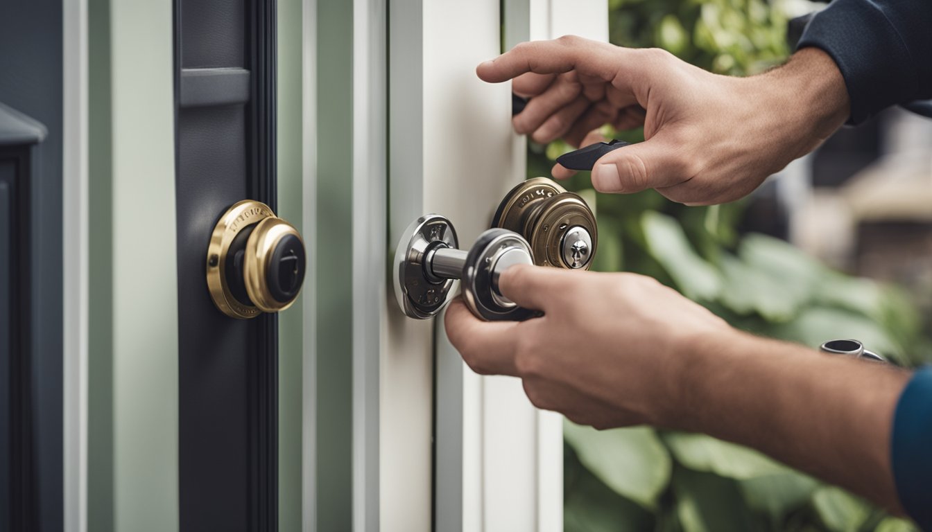 A homeowner installing new, sturdy locks on their front door, with a toolbox and various lock options scattered around