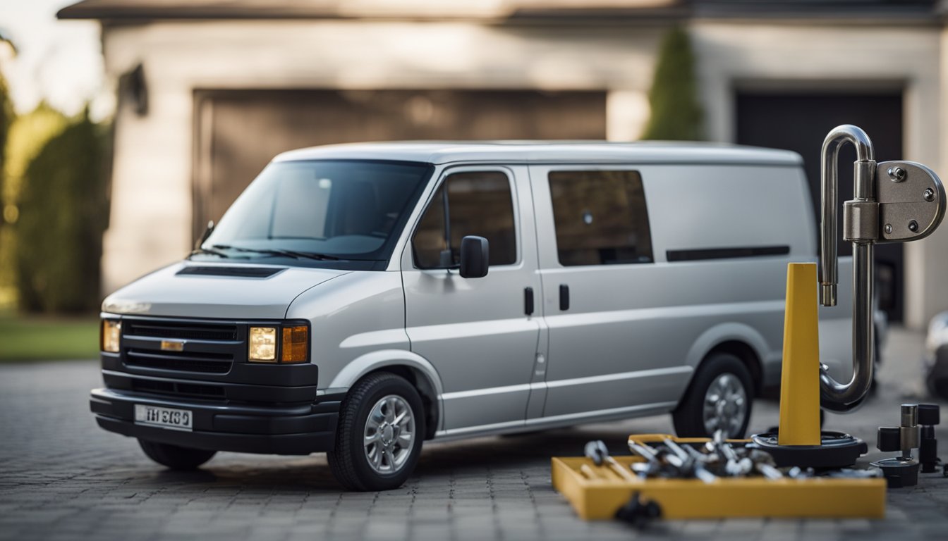 A locksmith's van parked in front of a house, with the locksmith inspecting the lock on the front door. Tools and equipment scattered on the ground