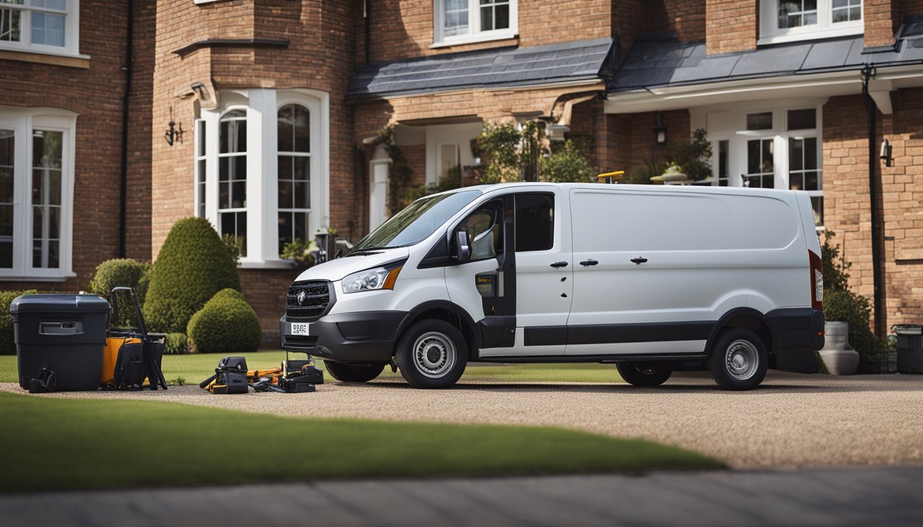 A locksmith's van parked outside a residential home, with tools and equipment laid out on the ground. A customer and locksmith discussing services