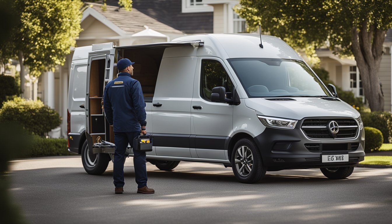 A locksmith van parked outside a residential home, with the locksmith holding a professional toolkit and speaking with a satisfied customer